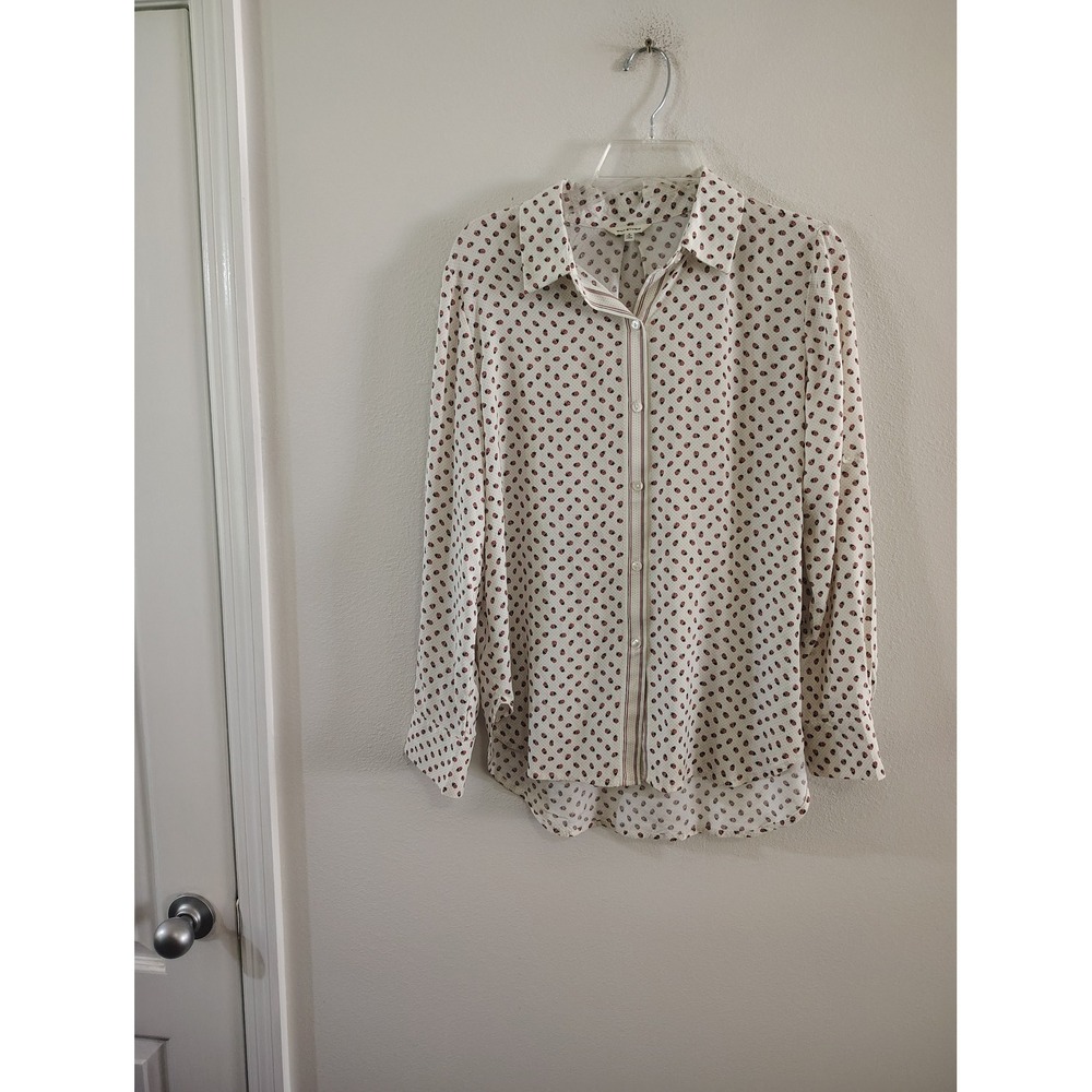 Max Studio Womens Small Ladybug Print Button Down Blouse Ivory Long Sleeve Shirt